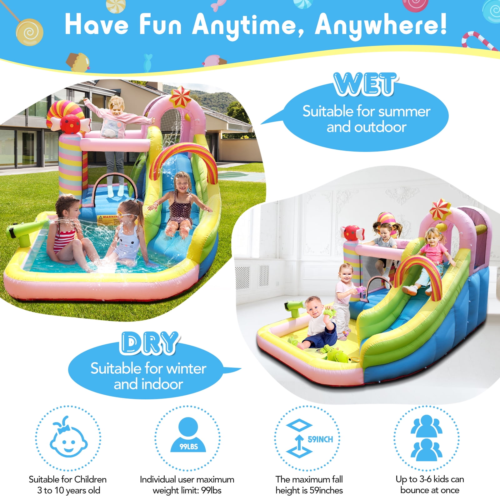 NBSPORT 6-in-1 Inflatable Bounce House & Water Slide Combo for Indoor & Outdoor, Sweet Candy Theme with Splash Pool, Slide and Air Blower
