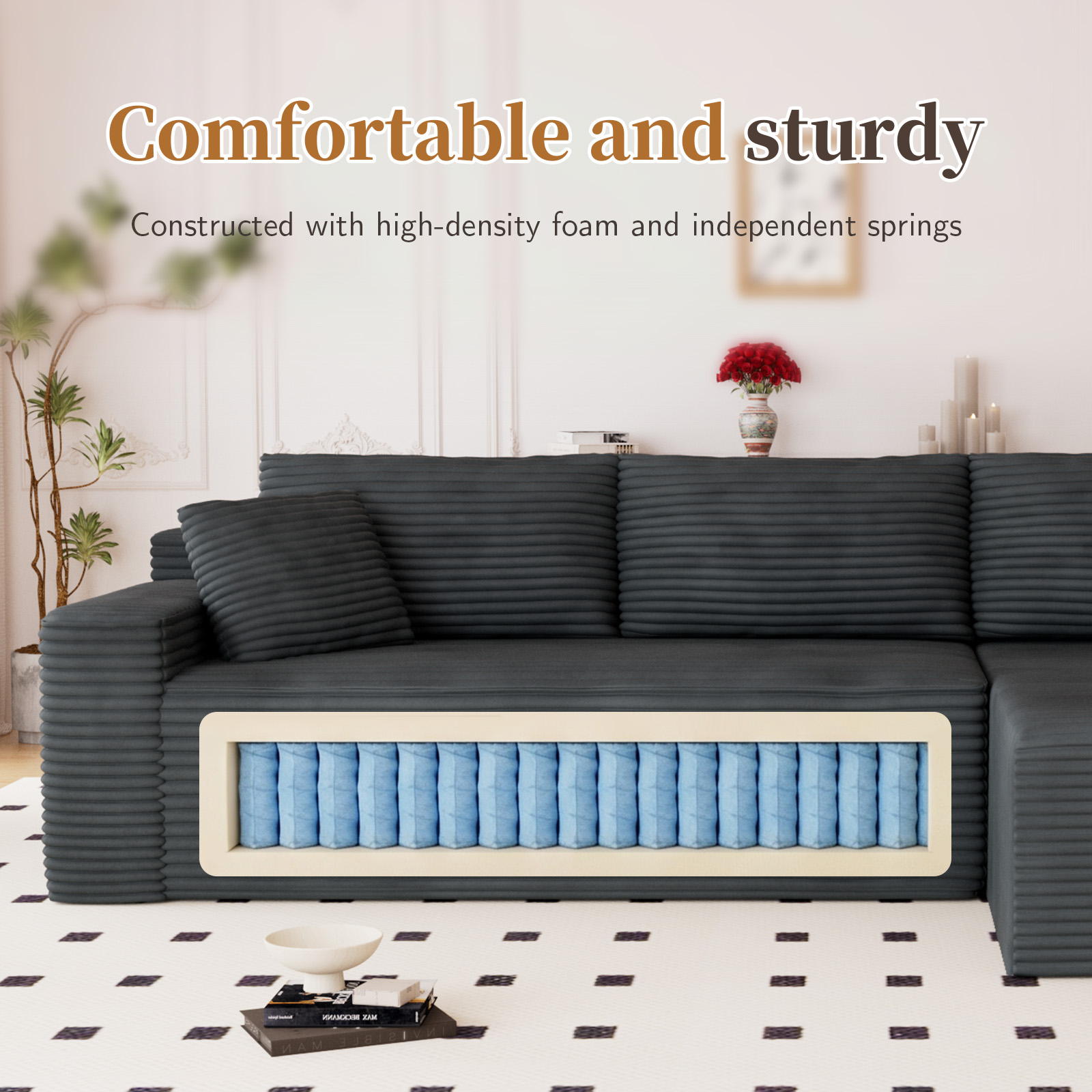 Lunale 105" Modular L-Shaped Sectional Sofa, Boneless Cloud Couch, No Assembly Required, Modern Deep Seat Corduroy Sofa for Living Room, Dark Gray (Right Facing Chaise)