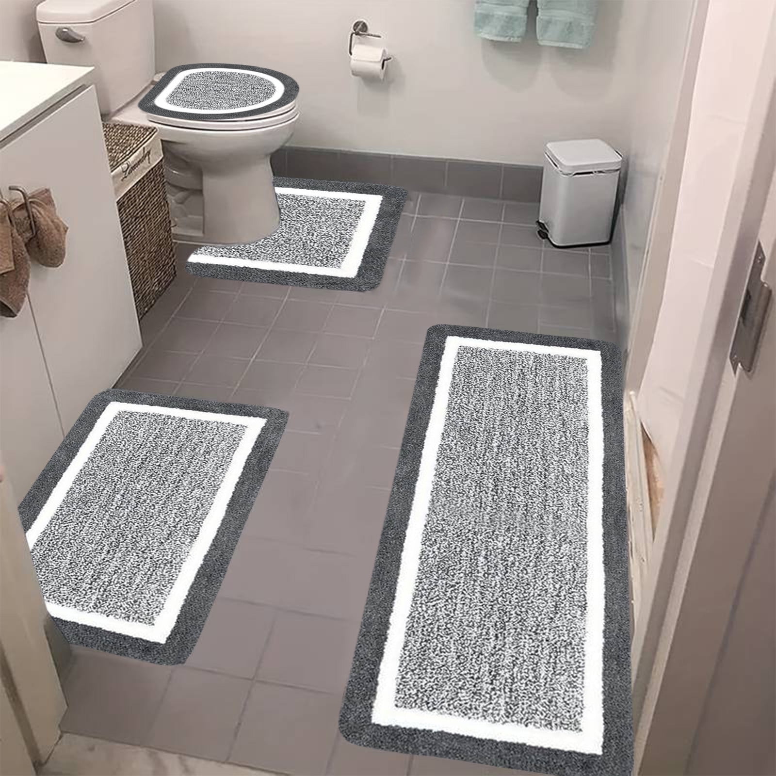 Tuvgenk 4 Piece Bathroom Rugs Set Absorbent Non Slip Toilet Rugs Gray Large Bathroom U Shaped Floor Mats for Shower