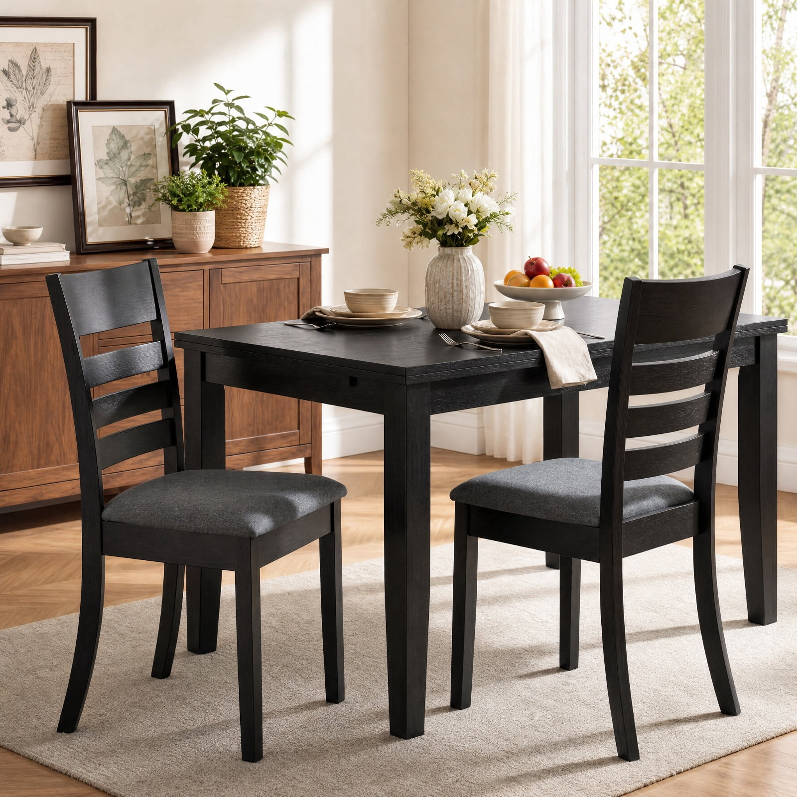 Furnibear Upholstered Dining Chairs Set of 2 Kitchen Chairs with Rubber Wood Frame and Padded Fabric Seat for Dining Room, Black