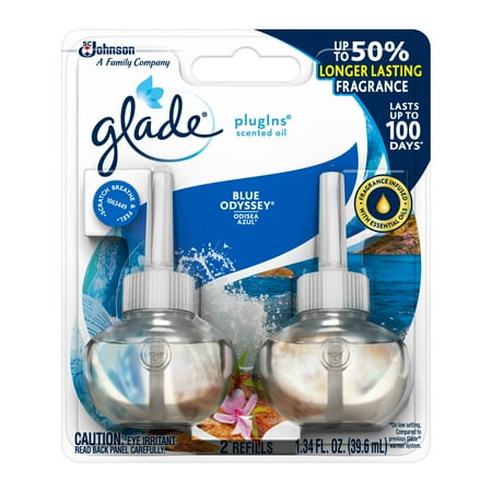 Continuous Fragrance - Glade PlugIns Scented Oil Refill Blue Odyssey, Essential Oil Infused Wall Plug In, Up to 50 Days of Continuous Fragrance, 1.34 oz, Pack of 2