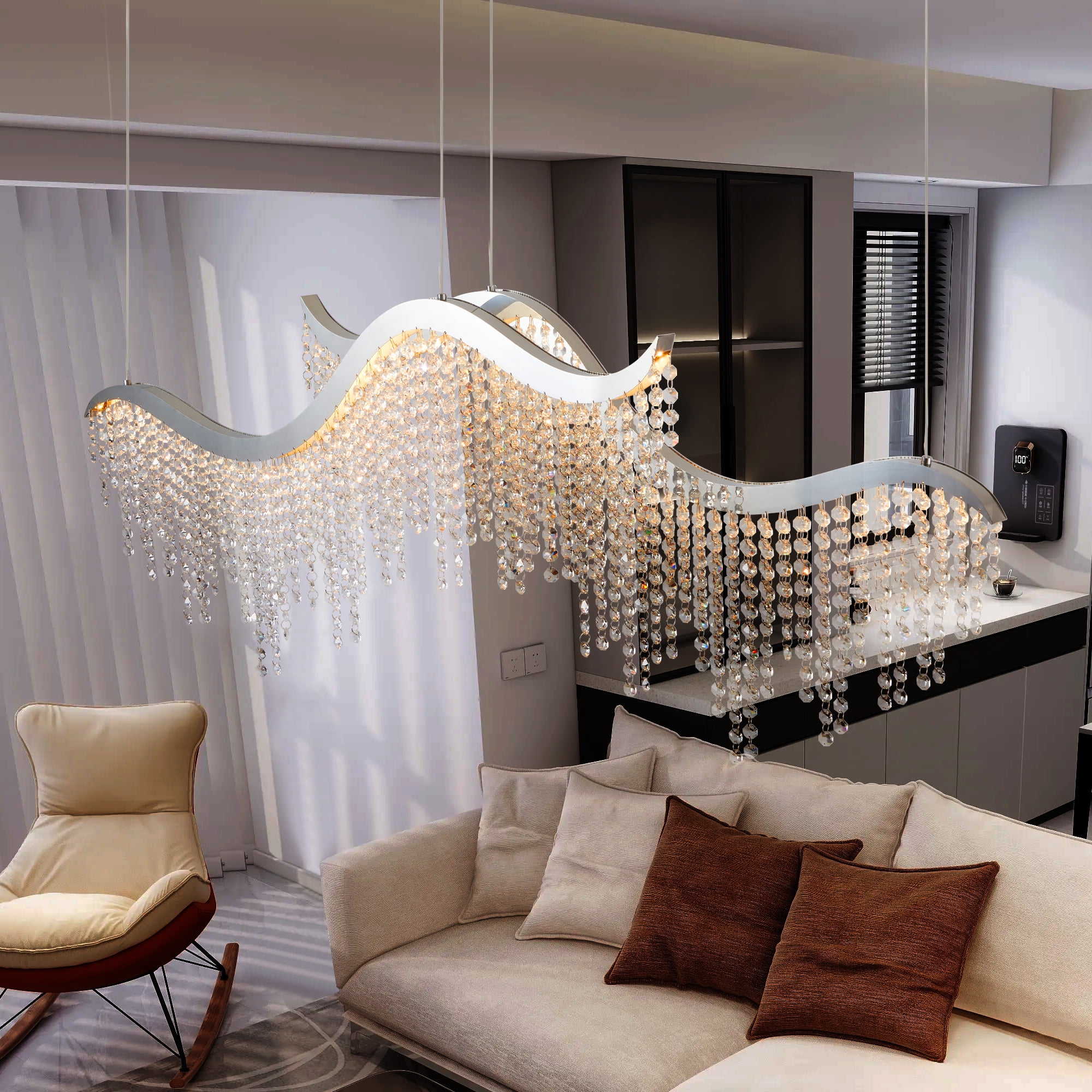 Mordern Luxury Waterfall 180-strand Crystal Chandeliers for Dining Room,Adjustable Color Temperature 3000K 4000K 6000K