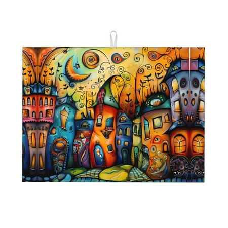 

Dish Drying Mat Whimsical Colorful Village Street Highly Absorbent Microfiber Drying Mat Kitchen Counter or Sink Drawer Liner 18x24 Kitchen Drying Mat Coffee Mat Kitchen Essentials