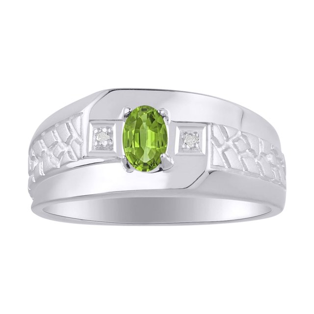 RYLOS Men's Rings Sterling Silver Classic Nugget 6X4MM Oval Gemstone & Diamond Ring Peridot August Birthstone Ring Size 10