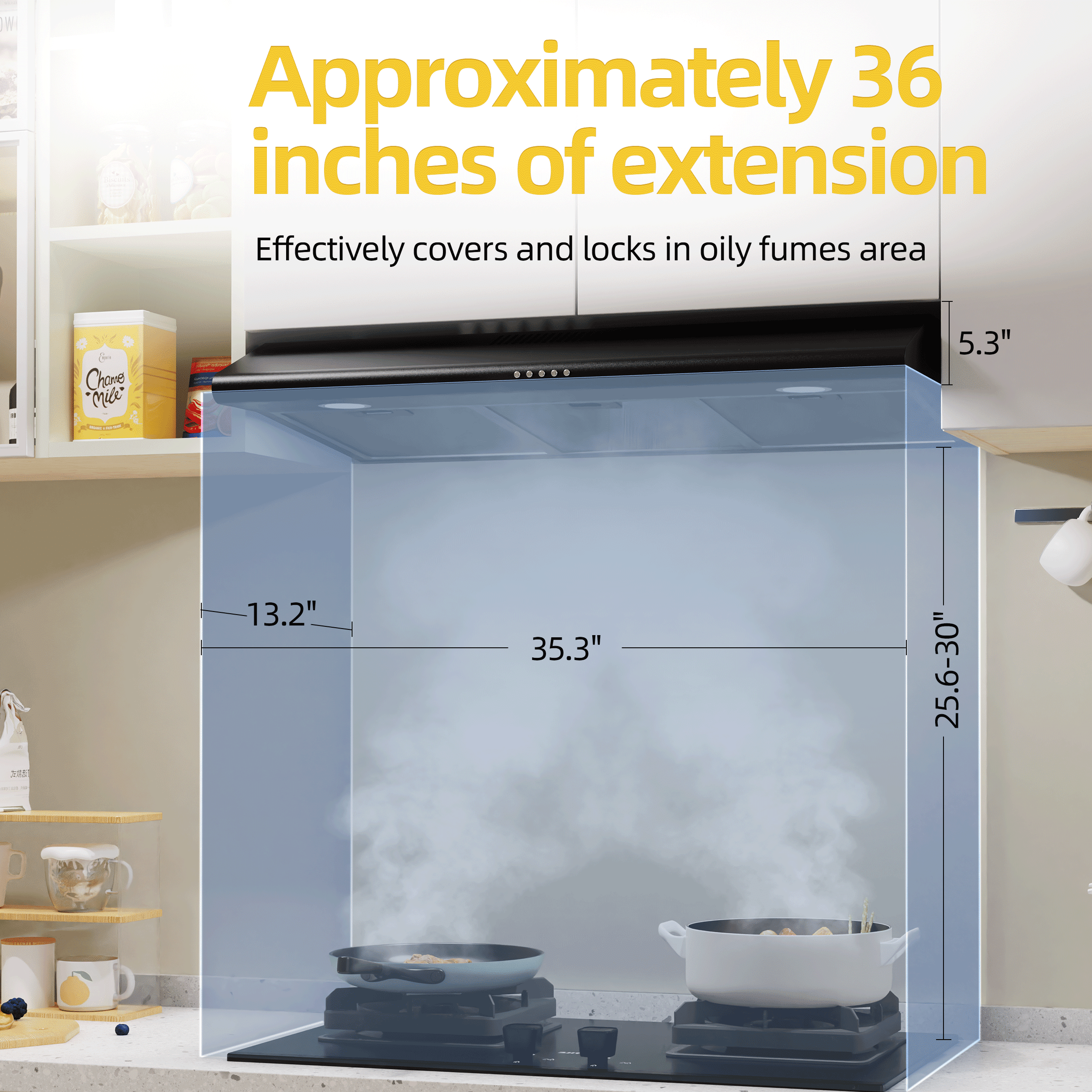 FIREGAS 36 inch Under Cabinet Range Hood 300CFM with Ducted/Ductless Convertible, Slim Kitchen Over Stove Vent, 3 Speed Exhaust Fan, Reusable Aluminum Filters, Push Button, Black