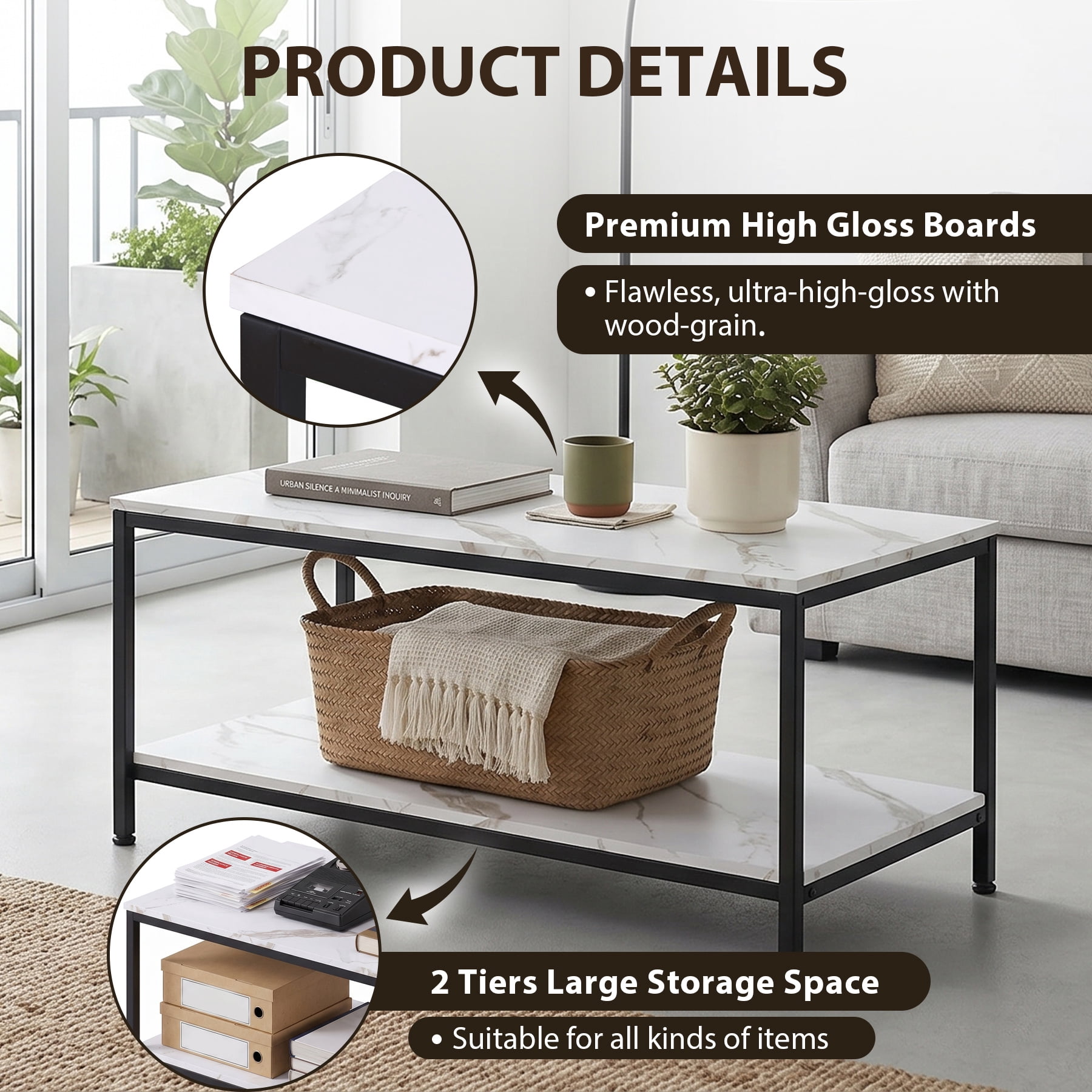 HomGarden 39.4" Modern Rectangle 2-Tier Coffee Table Wood Cocktail Table Home Office, Marble White