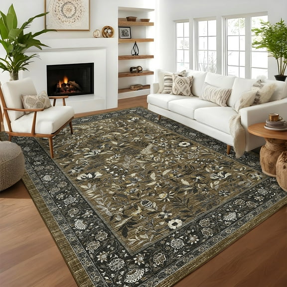 Garvee 5'x7' Vintage Floral Area Rugs Washable Botanical Printed Rugs Carpet, Low Pile Non Slip Oriental Rug Stain Resistant Indoor Rugs for Living Room Bedroom Dining Room, Brown