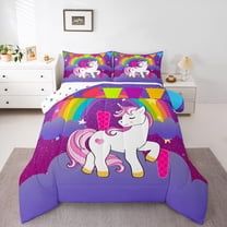 Manfei Pink Monogrammed I Bedding Comforter Set for Kids, Dreamy Cartoon Unicorn Animal Twin Comforter Sets, Kawaii Rainbow Reversible Bedding Set, Ultra Soft Bedroom Decor, 2 Pieces