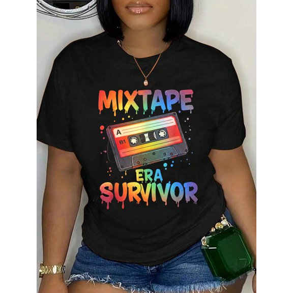 Cotton Mixtape Era Survivor T-Shirt – Retro Cassette Music T-Shirt Women's Graphic Tee Casual Tops