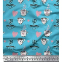 Soimoi Blue Cotton Voile Fabric Heart & Cups Kitchen Printed Fabric 1 Yard 42 Inch Wide