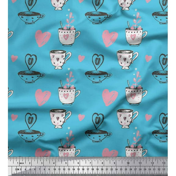 Soimoi Blue Cotton Voile Fabric Heart & Cups Kitchen Printed Fabric 1 Yard 42 Inch Wide