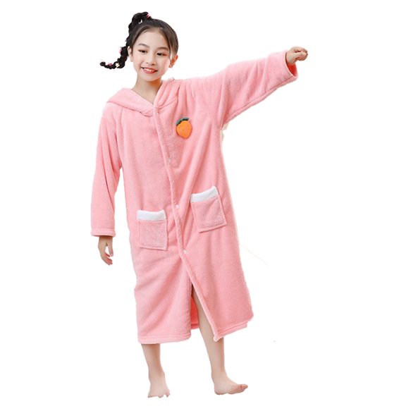 Qudderr Boys Girls Soft Flannel Robe for Kids Hooded Bathrobe Thickened Bath Towel Coral Velve Night-Robe Size 6-12T