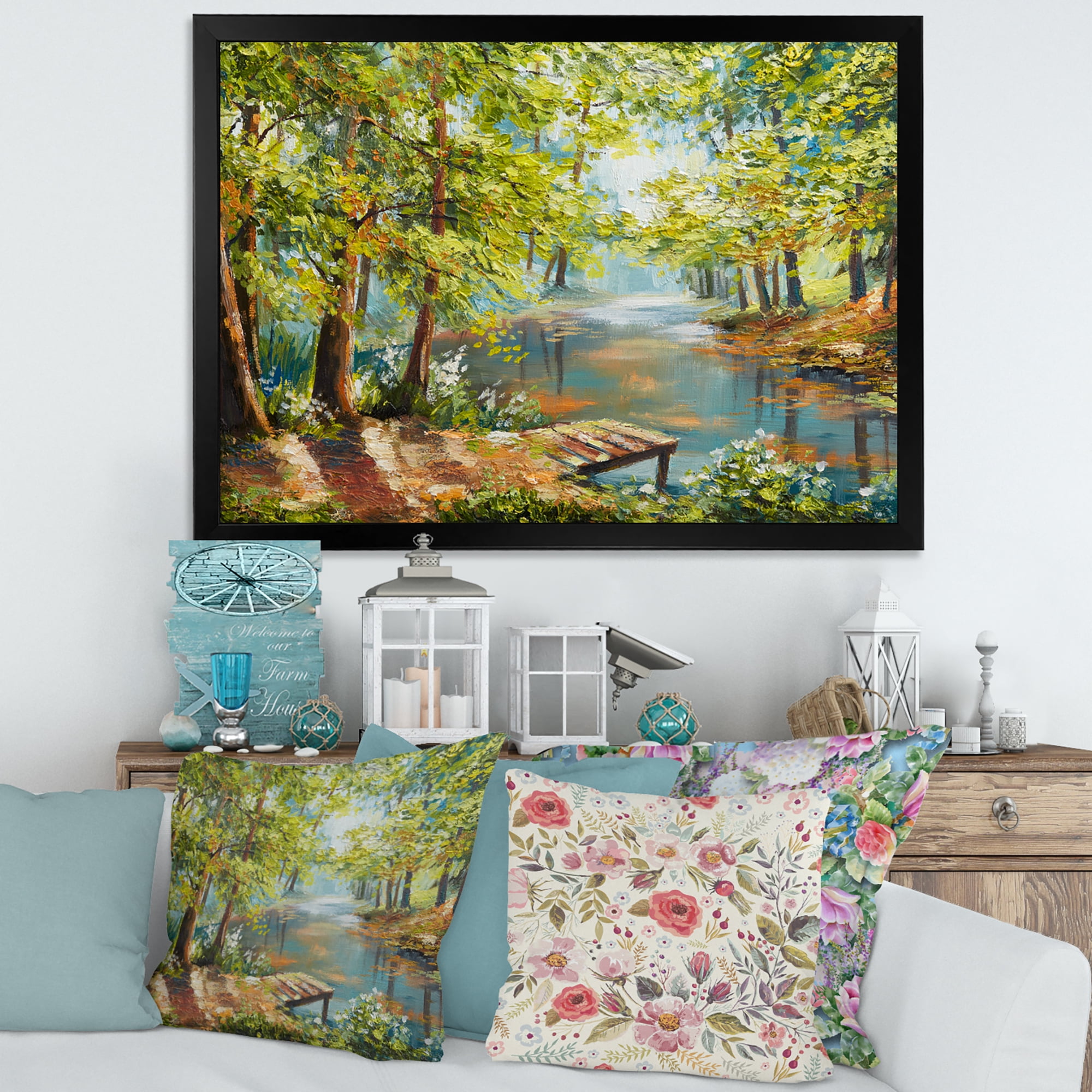 Meandering River With Autumn Forest 32 in x 24 in Framed Painting Canvas Art Print, by Designart