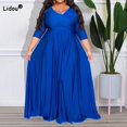 thumbnail image 2 of Evening Party Sexy Solid Color V-Neck High Waist Three Quarter Sleeve Pullover Maxi Princess Dress Plus Size Women's ClothingL Gao Jinjia LED, 2 of 2