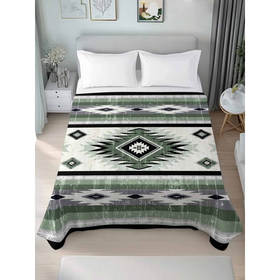 Sage Green Boho Twim XL Size Flat Sheet, Wrinkleproof & Fadeproof Cooling Flat Bed Sheet Only, Southwestern Ethnic Aztec Retro Geometric Breathable Soft Bedding Top Sheets 66 x 102 Inches