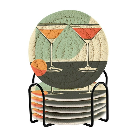 Yayeee 6 PCS Drink Coasters with Holder Set Woven Absorbent Round Tabletop Hot Pad, Red Glasses