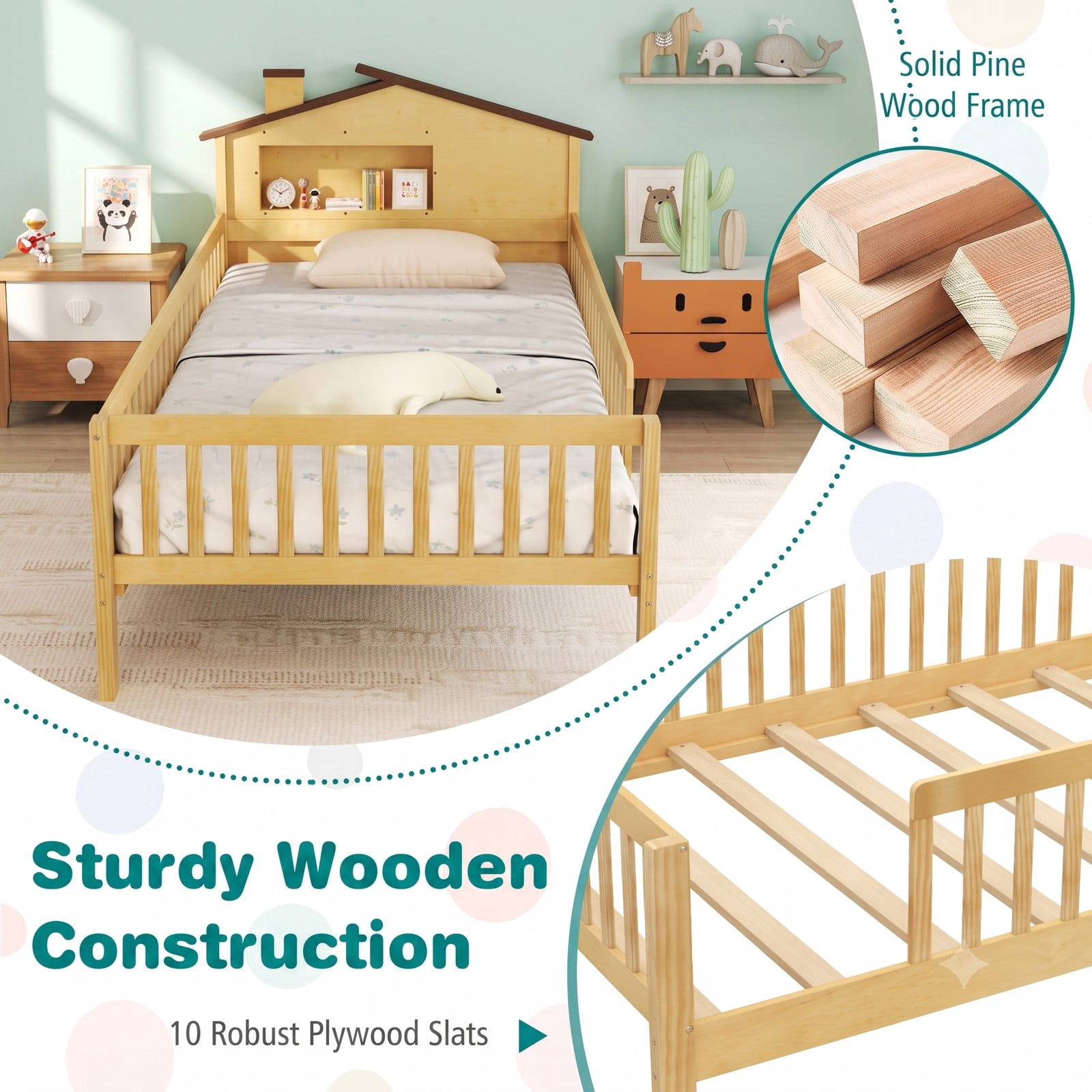 Furnibear Full Size Bed Frame Kids Montessori Floor Bed with House Headboard, Storage Shelf and Full-Length Guardrails, Natural