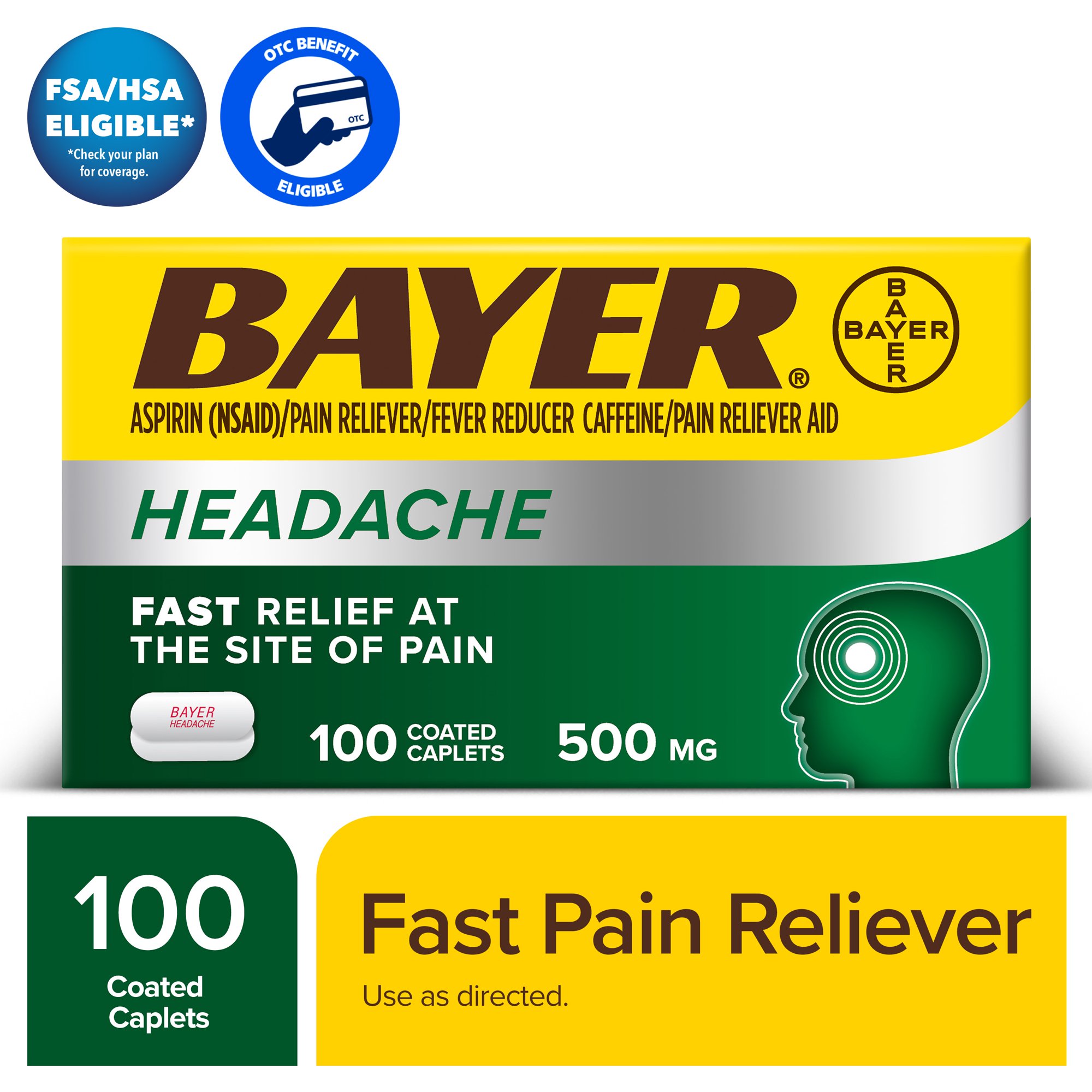 Bayer Headache Aspirin, 500mg Coated Tablets with Caffeine, 100 Count