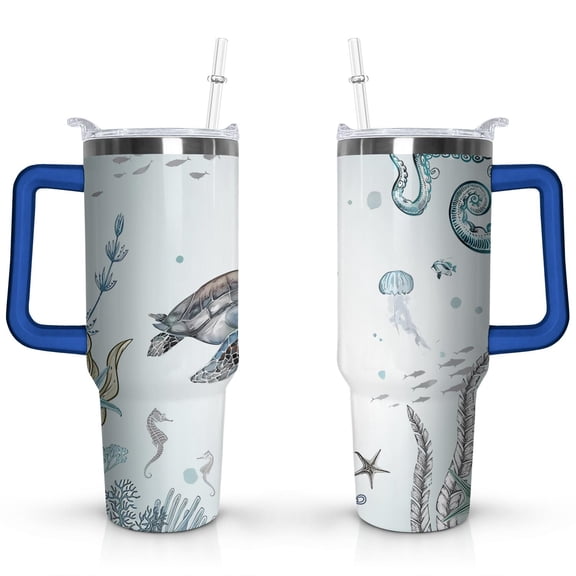 40oz Cute Ocean Life Turtle Stainless Steel Flip Straw Tumbler Spill Proof Travel Cup Double Wall Vacuum Insulated Coffee Mug with Top Handle
