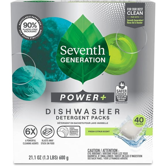 Seventh Generation Power Plus Dishwasher Detergent Packs Fresh Citrus scent for sparkling dishes Dishwasher tabs 40 count