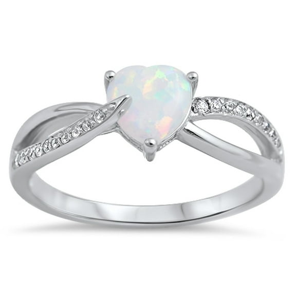 White Heart Simulated Opal With Round Cubic Zirconia Swirl Ring Sterling Silver 925
