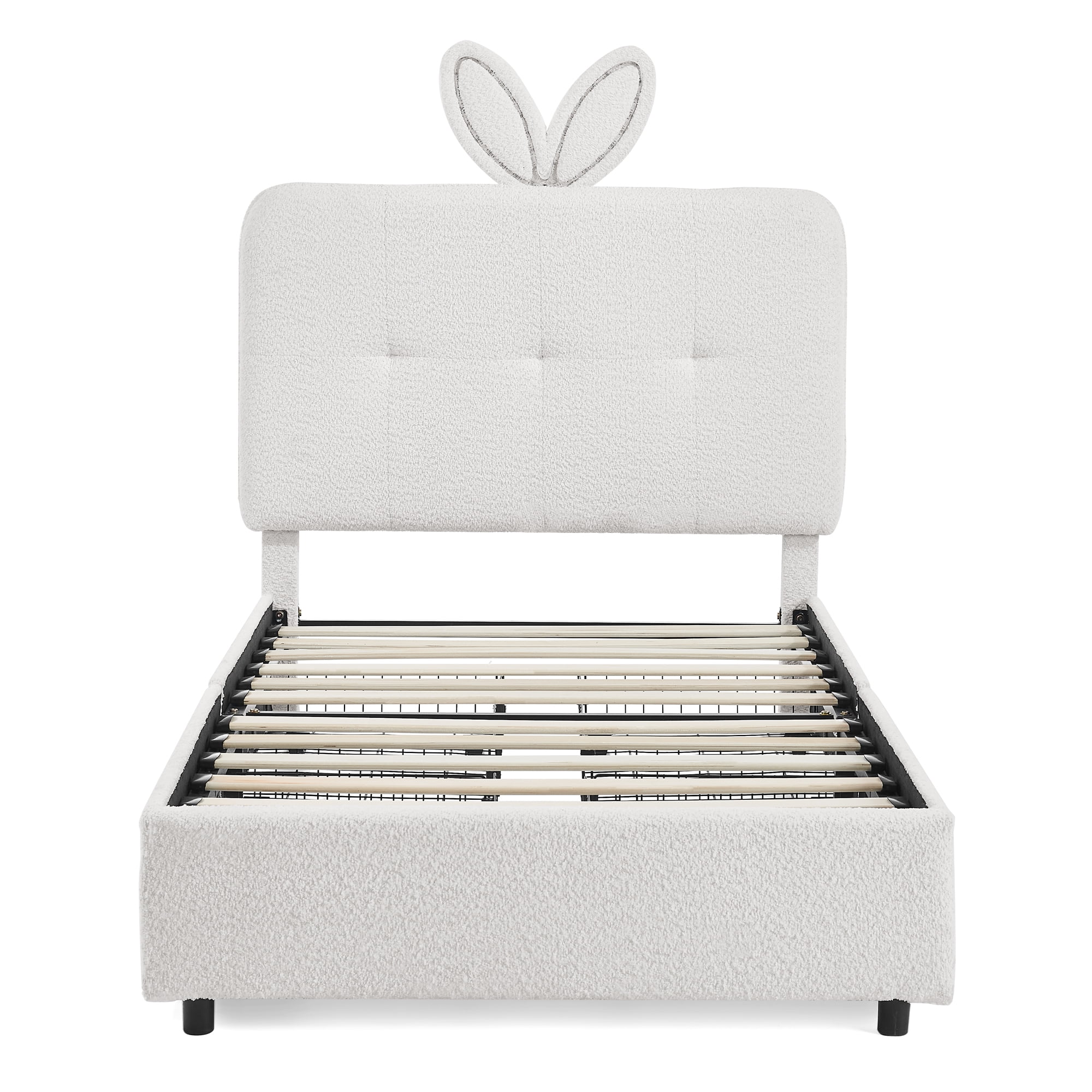 Twin Kids Bed with LED Lights and 4 Storage Drawers, Upholstered Boucle Bed Frame with Rabbit Ear Headboard, Platform Bed for Girls Boys Bedroom, Beige