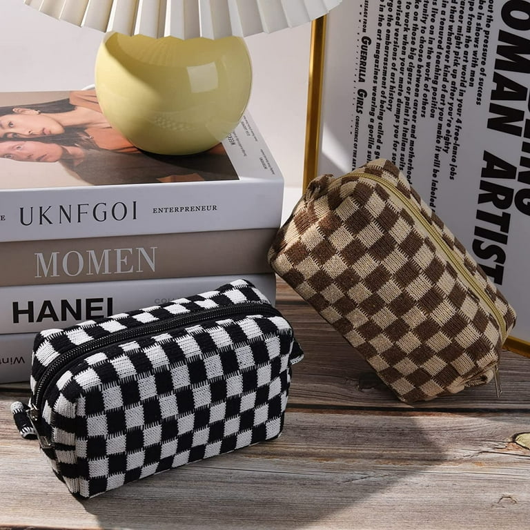 Makeup Bag Checkered Cosmetic and brush Bag Brown ,Travel Toiletry
