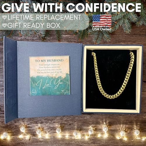 Soul Statement Cuban Chain Promise Necklace for Men - Durable Stainless Steel, Meaningful I Love You Card with Bible Verse, Anniversary Keepsake Gift Box (To My Husband, Gold)