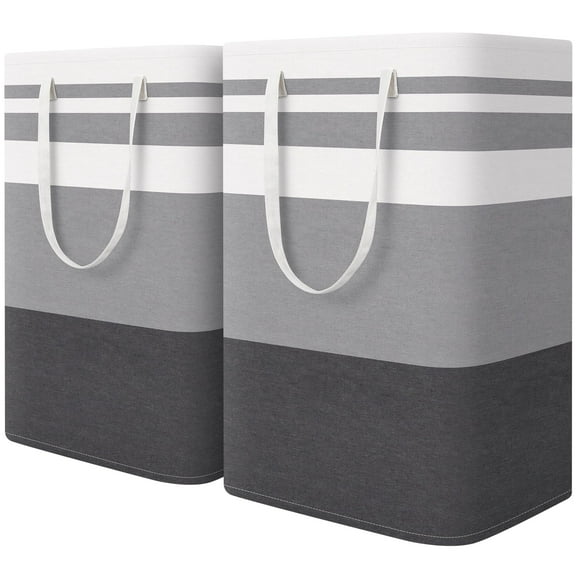 2 Pack Large Laundry Basket, Aertyole Waterproof, Freestanding Laundry Hamper, Collapsible Tall Clothes Hamper with Extended Handles for Clothes Toys in the Dorm and Family-(Gradient Grey, 75L)