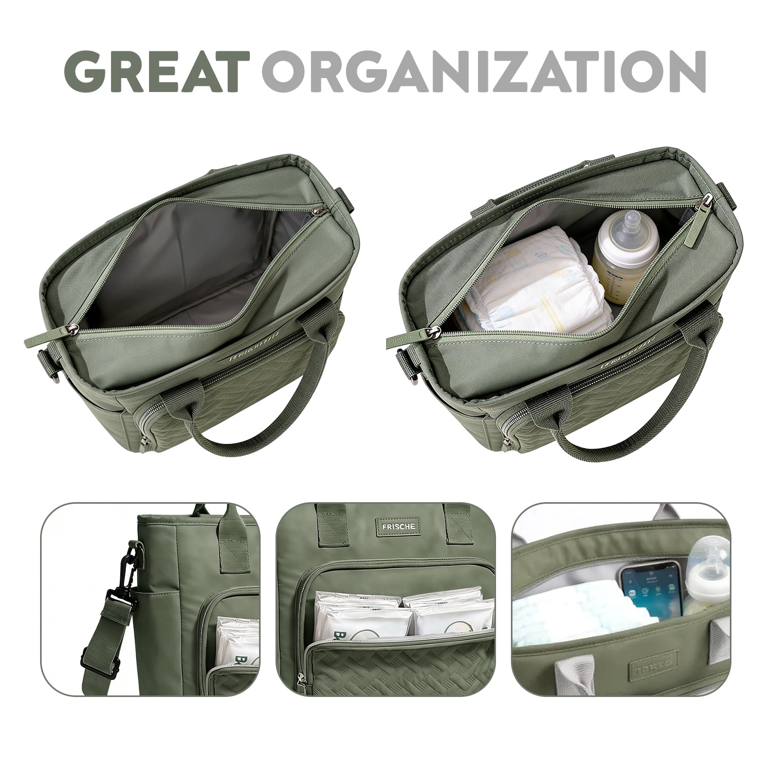 DEFAHN Tote Diaper Bag for Mom - 0.9lb Lightweight Large Capacity Thermal Baby Bag, 2 Thermal Pockets + Side Holders, Simple Open Design(Green)