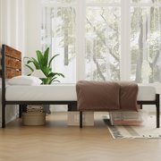 VECELO Full Bed Frame with Wooden Headboard, Rustic Industrial Platform Bed and Strong Metal Slats, No Box Spring Needed, Brown