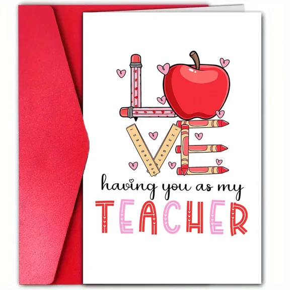 Teacher Appreciation Card – "Love Having You as My Teacher" Cute Apple & School Supplies Design – Envelope Included, Blank Inside – Perfect Thank You Card for Educators