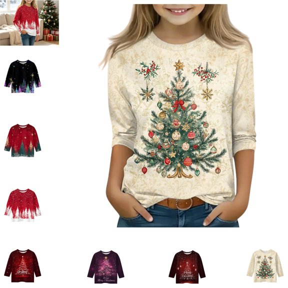YOUYEDIAN Toddler Long Sleeve Top Fashion Christmas Print Comfortable Loose Versatile Crew Neck Soft Shirt Casual Outdoor Breathable Pullover Blouse