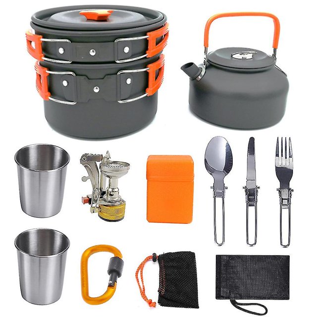 1 juego de ollas al aire libre, sartenes, utensilios de cocina para acampar, juego de cocina para picnic, vajilla antiadherente, estilo A naranja, 11 Feliz Sencillez