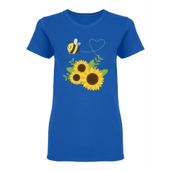 Cute Bee Flying Over Sunflowers Shaped T-Shirt Women -Image by Shutterstock, Female Large