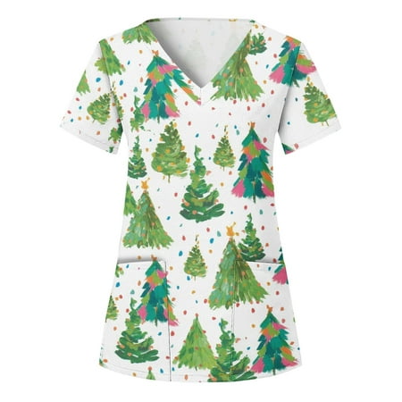 

CZHJS Short Sleeve V-Neck Green Tees Women s Relaxed-Fit Snowman Santa Claus Printed Christmas Graphic Tops Clinic Carer Shirt with Pockets Tunic Clothes Working Uniform Nursing Workwear Scrubs Top