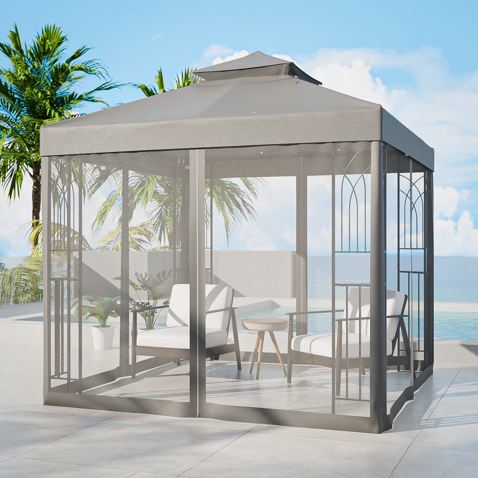 COOS BAY 8 ft. W x 8 ft. D Gray Outdoor Patio Soft Vented Top Gazebo with Zipped Netting, Corner Shelves, Ceiling Hook