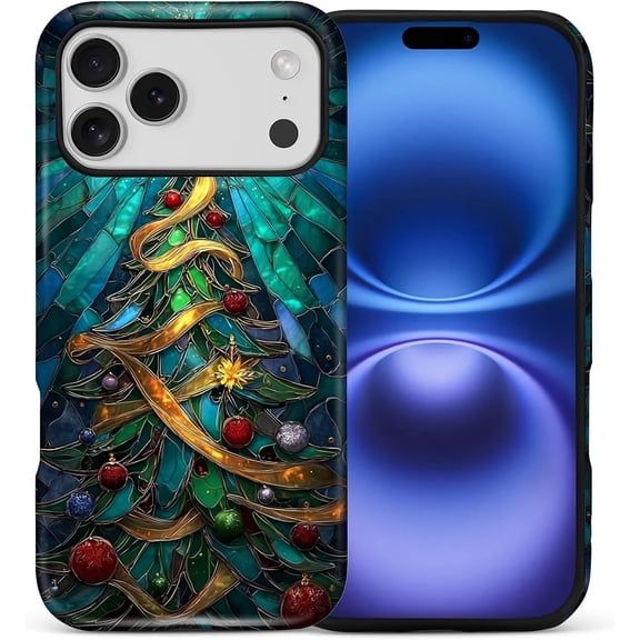 Case for iPhone 17 Pro Max Case, Hybrid 2-Layer Silicone Protective Matte Case for Girl Women Case for iPhone 17 Pro Max Stained Glass Christmas Tree Gold Star Pattern