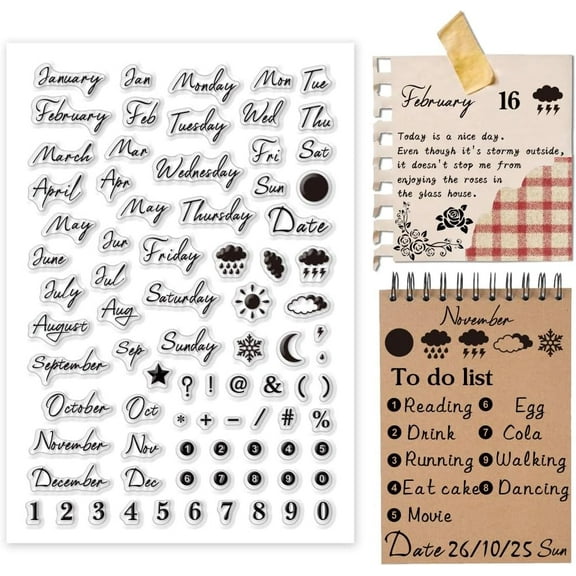 Handwritten Month Clear Stamp DIY for Card Making Date Week Weather Silicone Stamp Number Symbol Transparent Rubber Stamp Seal Stamp DIY for Journal Postcard Scrapbooking Gift Tags 1pc