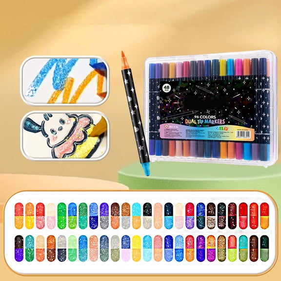 Tarmeek Dual-Tip Glitter Markers Marker Pens 48-Pack 96 Colors, Highlighters Pearlescent Metallic Pens, Fluorescent Pens for Journaling Drawing Card Making, Art Supplies for Office Notes Drawing