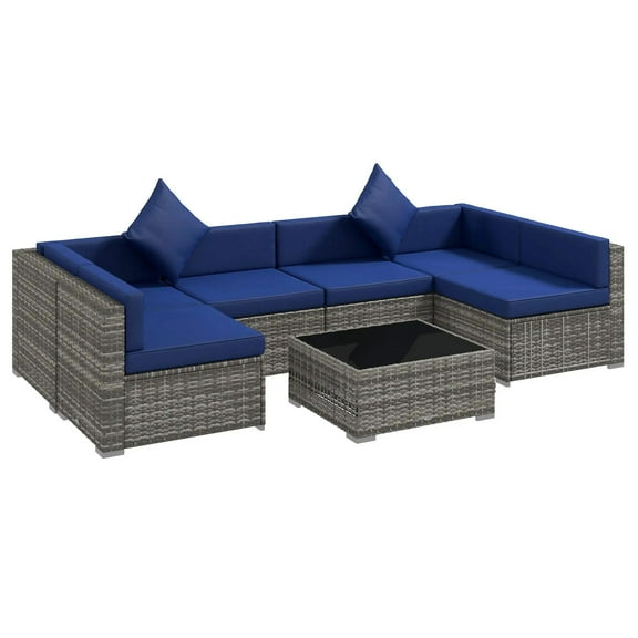 Resenkos 7-Piece Rattan Sectional Set, Outdoor Sectional Furniture, PE Rattan, Mixed Gray and Blue