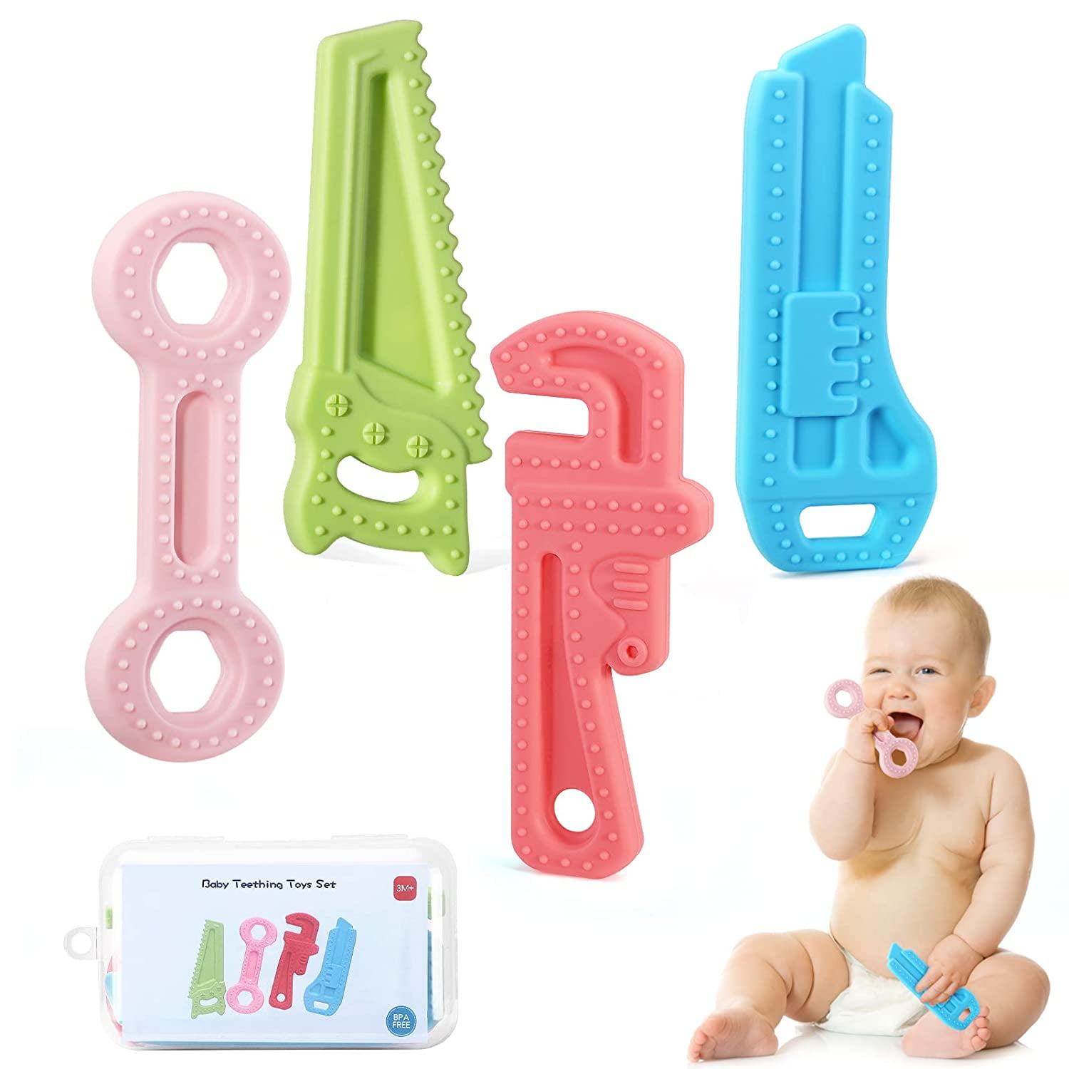 TORRYZA 4-Piece Baby Teething Toys, Silicone Baby Teeth with Storage Box for Baby Gum Pain Relief Silicone Teething Toys