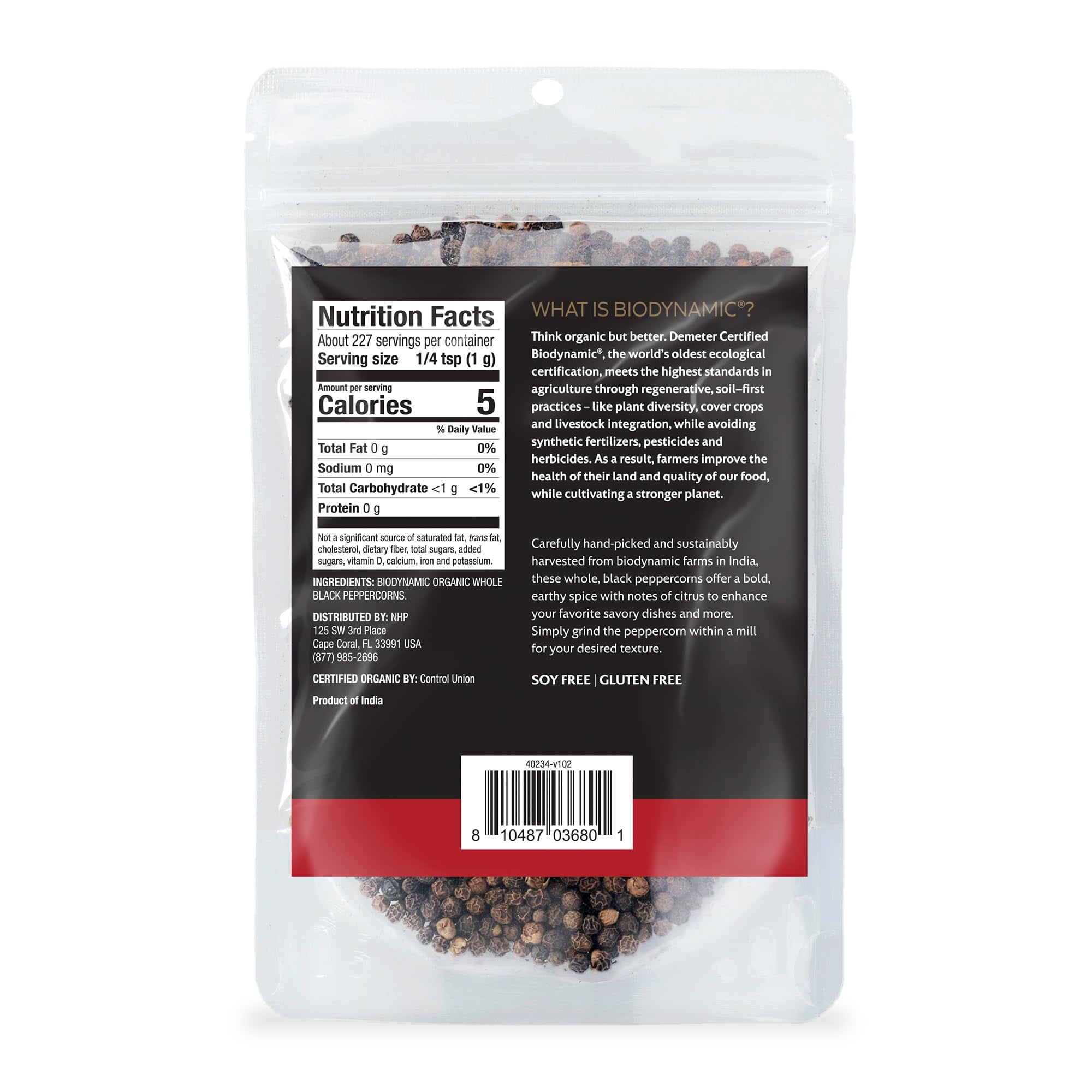 Dr. Mercola's Solspring Biodynamic Organic Whole Black Peppercorns, 8 Oz. (227g), about 227 Servings per Bag, Black Pepper from India, Gluten Free, Soy Free, USDA Organic, Demeter Certified