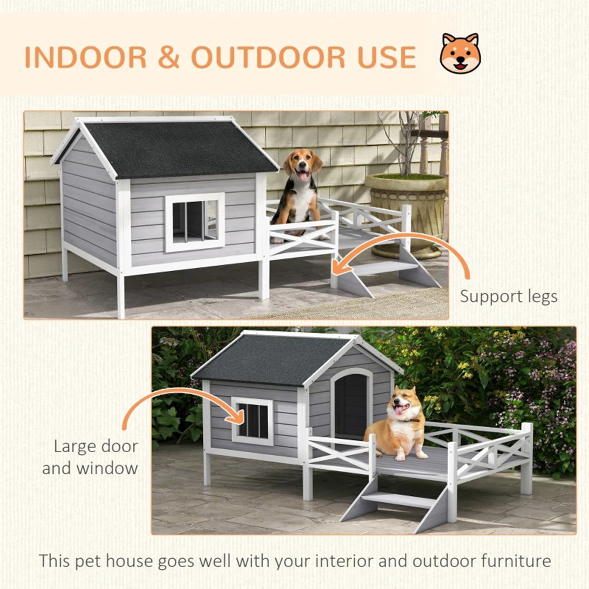 Pefilos 66" Large Wood Dog House with Porch for Small/Medium Dogs, Pet Shelter Pet Bunny House Outdoor Cat House, Gray
