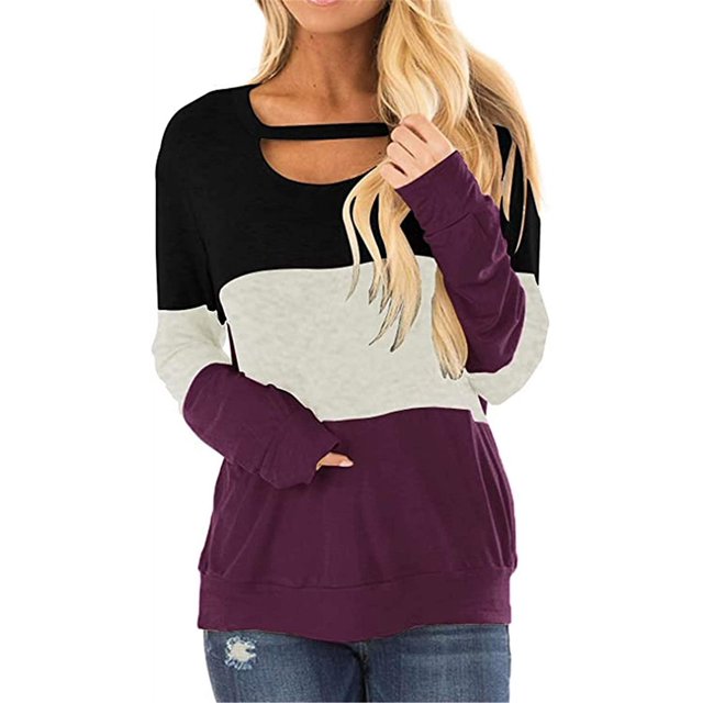 Women's Long Sleeve Tunics Color Block Cutout Sweatshirt Loose Fit Tops