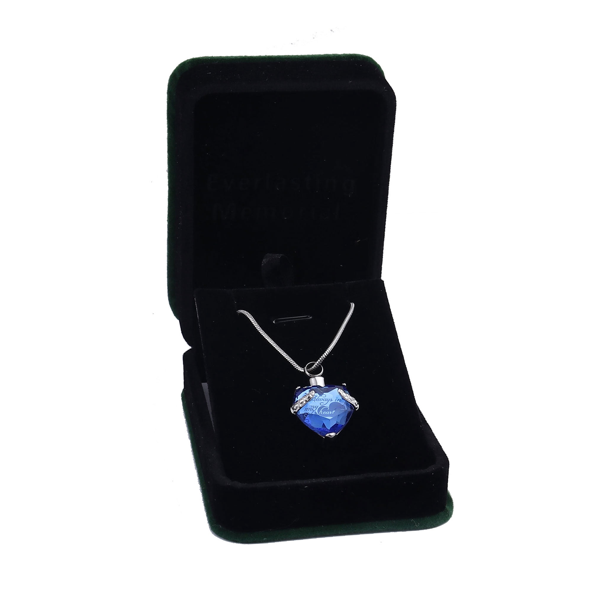 Women's Blue "Always in My Heart" Rhinsestone Heart Cremation Urn Necklace for Ashes Funeral Remembrance Urn Jewelry Memorial Pendant with Free Fill Kit and Gift Box
