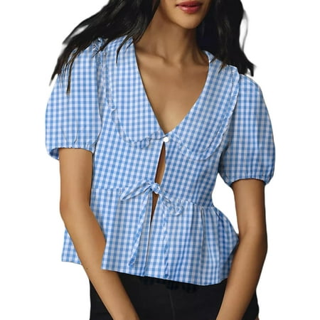 QIUYI Women Plaid Ruffle Crop Top Puff Short Sleeve V Neck Peplum Blouse Y2k Tie Up Cute Open Front Babydoll T Shirt