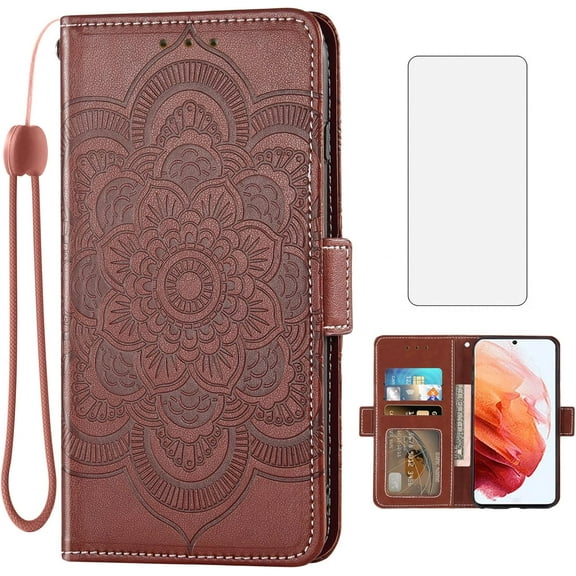 Compatible with Samsung Galaxy S22 5G Wallet Case and Tempered Glass Screen Protector Leather Flip Credit Card Holder Stand Cell Accessories Phone Cover for Gaxaly S 22 22S G5 Women Men Brown