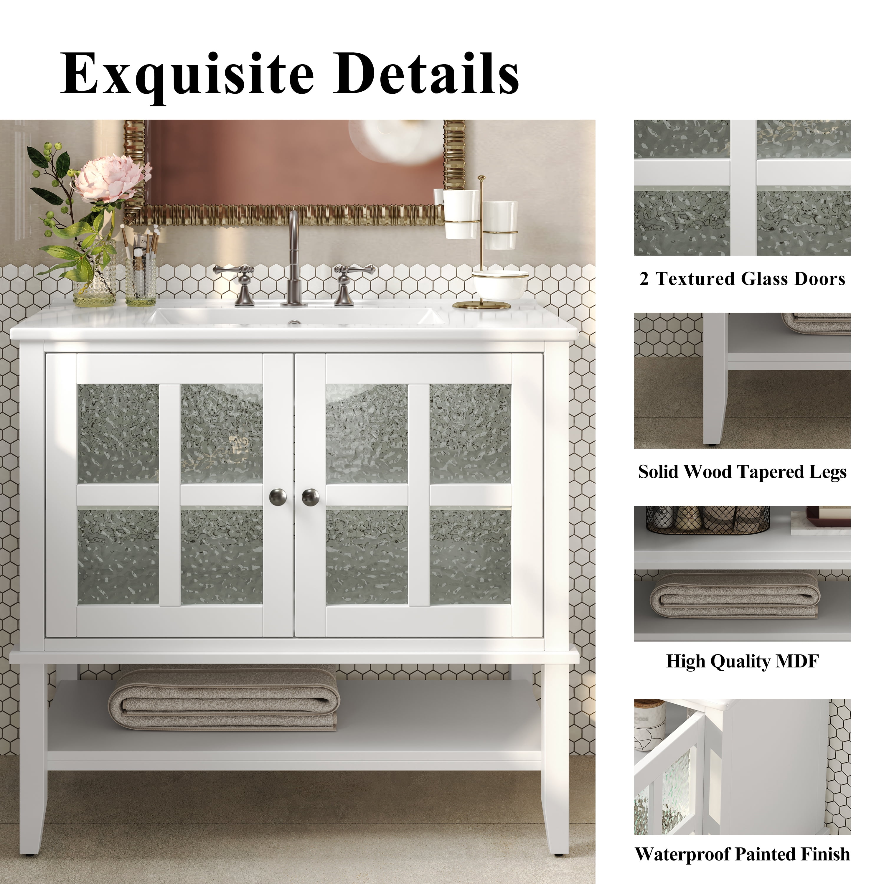 Euroco 36" Bathroom Vanity with Ceramic Sink, Textured Glass Doors, Solid Wood Legs, and Open Shelf – Modern Storage Solution
