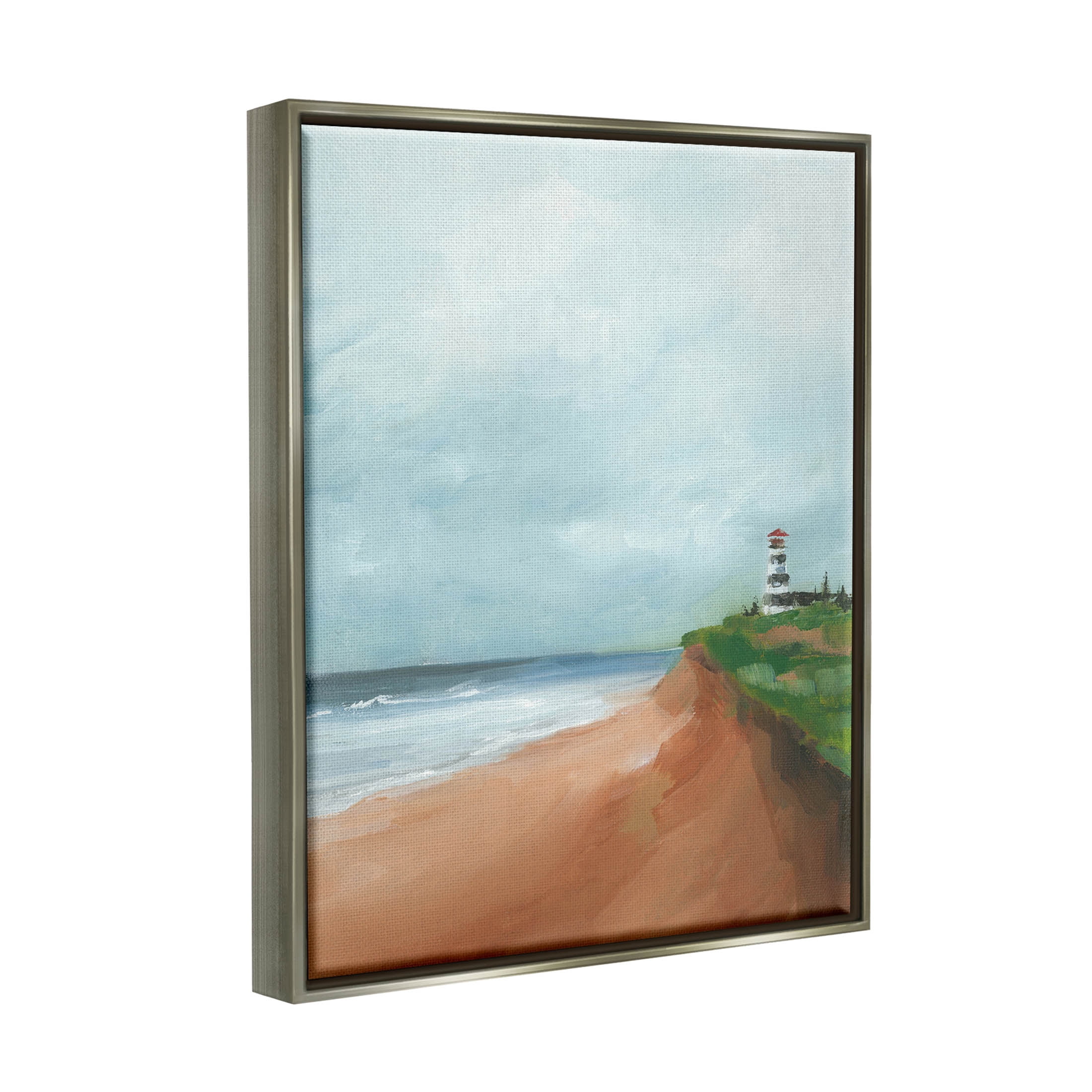 Distant Lighthouse Beach Shore Coastal Painting Luster Gray Framed Art Print Wall Art